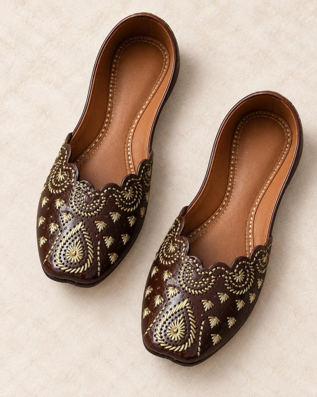 Dark Brown Punjabi Jutti for Women | Gold Embroidered Leather Flats