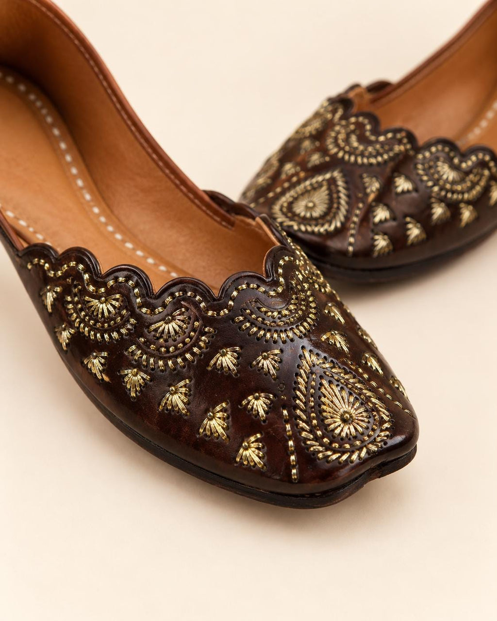 Dark Brown Punjabi Jutti for Women | Gold Embroidered Leather Flats