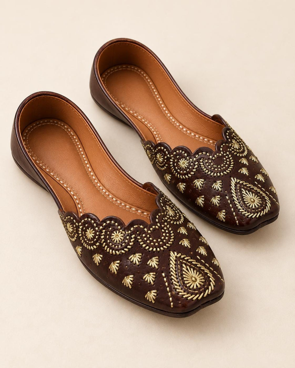 Dark Brown Punjabi Jutti for Women | Gold Embroidered Leather Flats