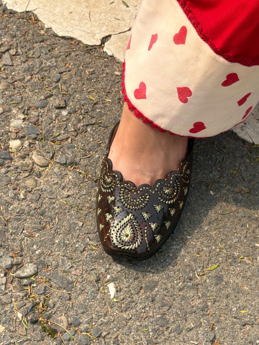 Dark Brown Punjabi Jutti for Women | Gold Embroidered Leather Flats