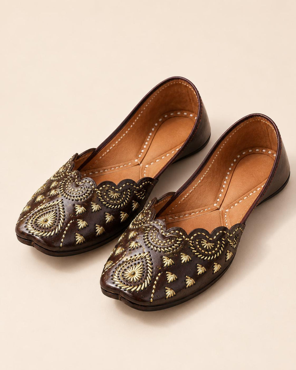 Dark Brown Punjabi Jutti for Women | Gold Embroidered Leather Flats