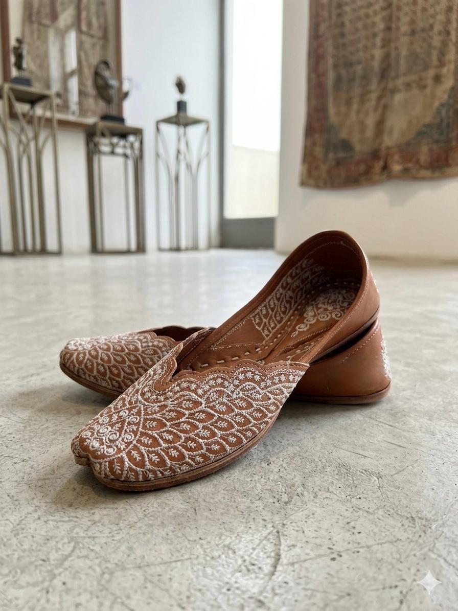 Handcrafted Embroidered Leather Juttis, Ivory Floral Punjabi Flats, Indian Bridal Shoes