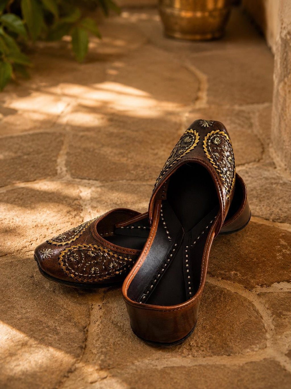 Brown Leather Jutti Shoes | White Floral Embroidery, Traditional Indian Flats