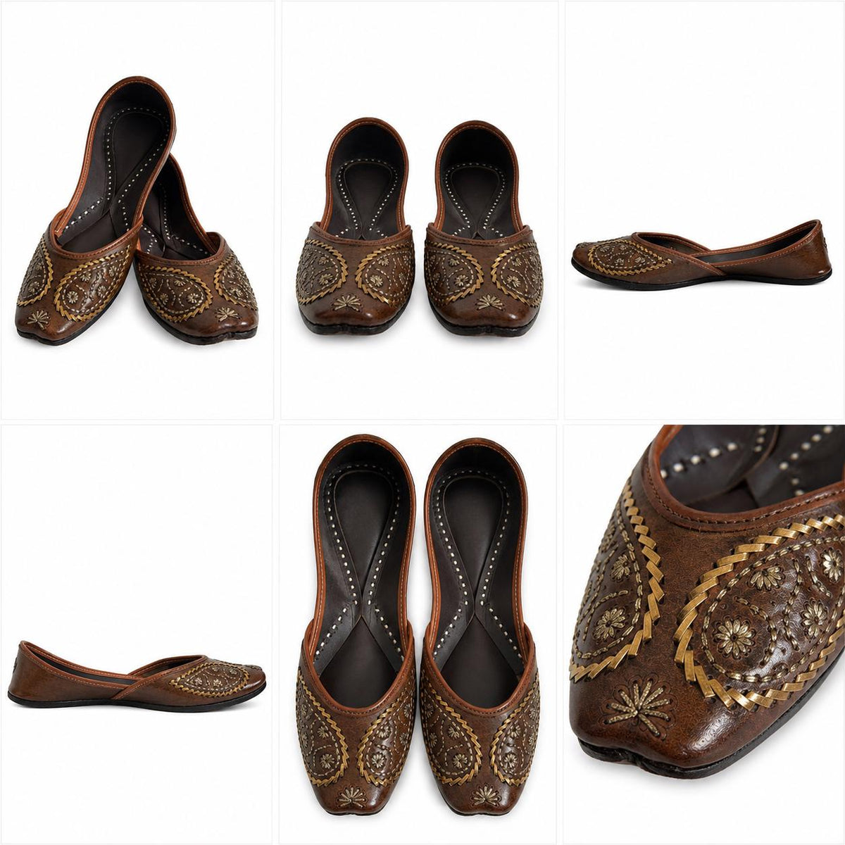 Brown Leather Jutti Shoes | White Floral Embroidery, Traditional Indian Flats