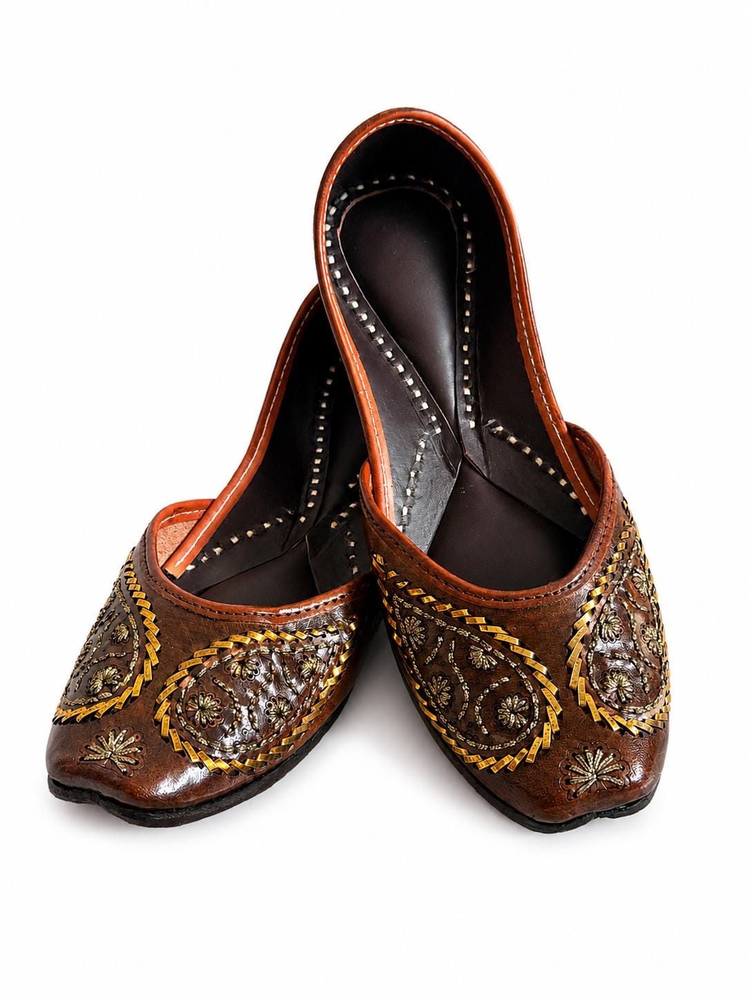 Brown Leather Jutti Shoes | White Floral Embroidery, Traditional Indian Flats