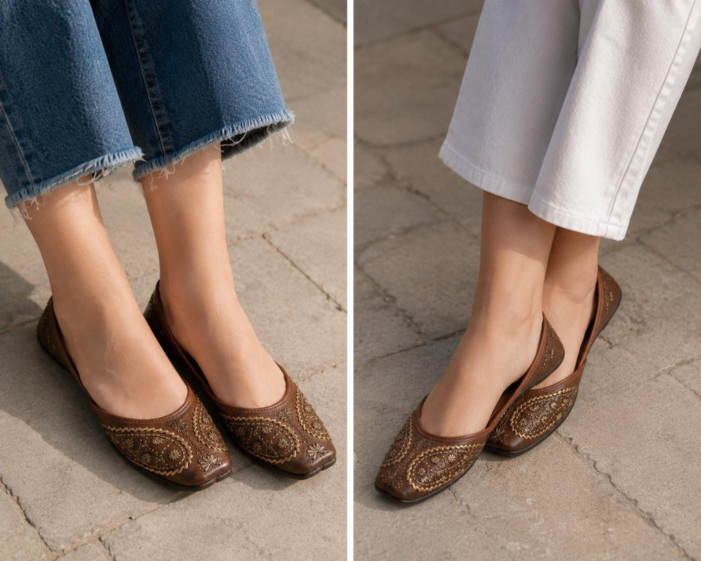 Brown Leather Jutti Shoes | White Floral Embroidery, Traditional Indian Flats