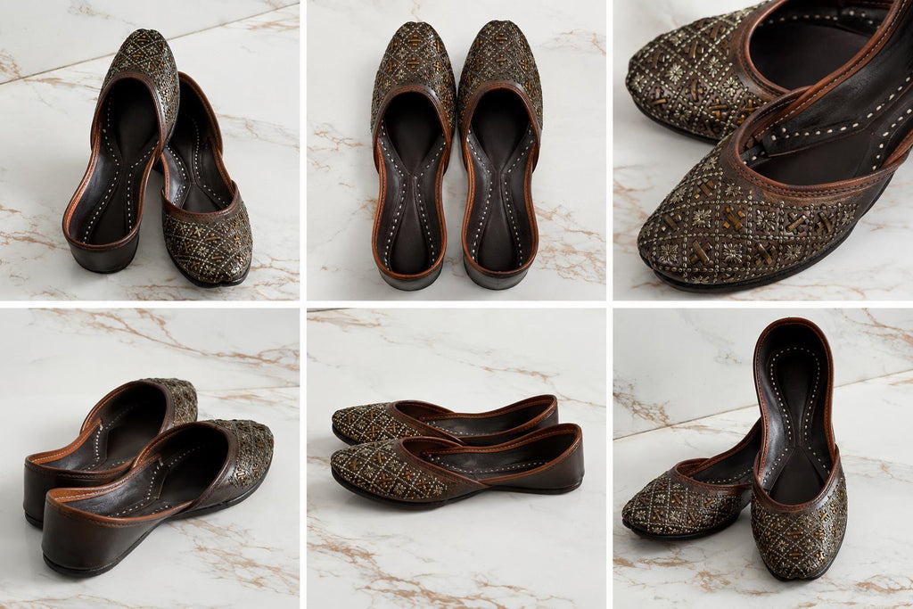 Brown Leather Punjabi Jutti for Women | Handcrafted Geometric Floral Mojari Flats