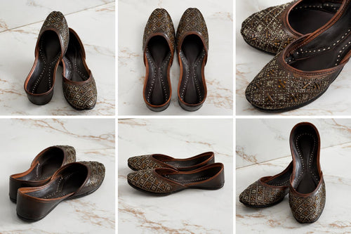 Brown Leather Punjabi Jutti for Women | Handcrafted Geometric Floral Mojari Flats