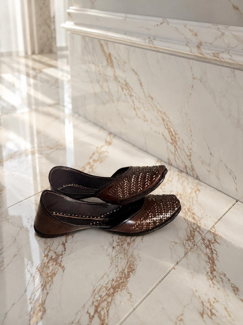 Handcrafted Dark Brown Leather Punjabi Jutti, Metallic Detailing, Traditional Indian Mojari Flats