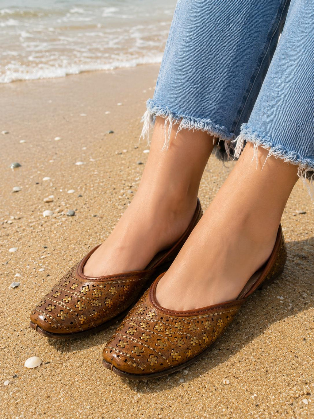 Brown Leather Jutti for Women | Floral Embroidery, Traditional Indian Mojari