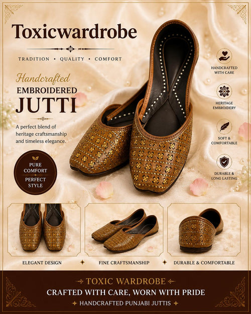 Brown Leather Jutti for Women | Floral Embroidery, Traditional Indian Mojari
