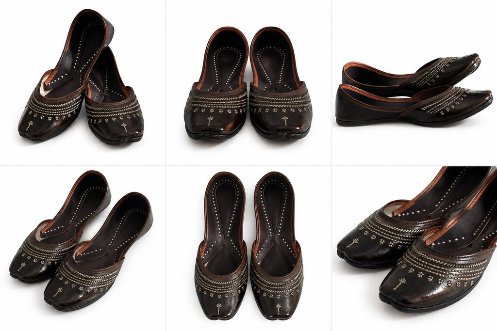 Dark Brown Punjabi Jutti – Handmade Metallic Embroidered Leather Flats