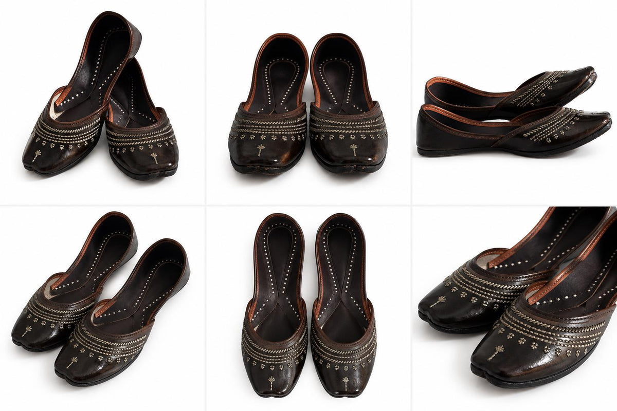 Dark Brown Punjabi Jutti – Handmade Metallic Embroidered Leather Flats