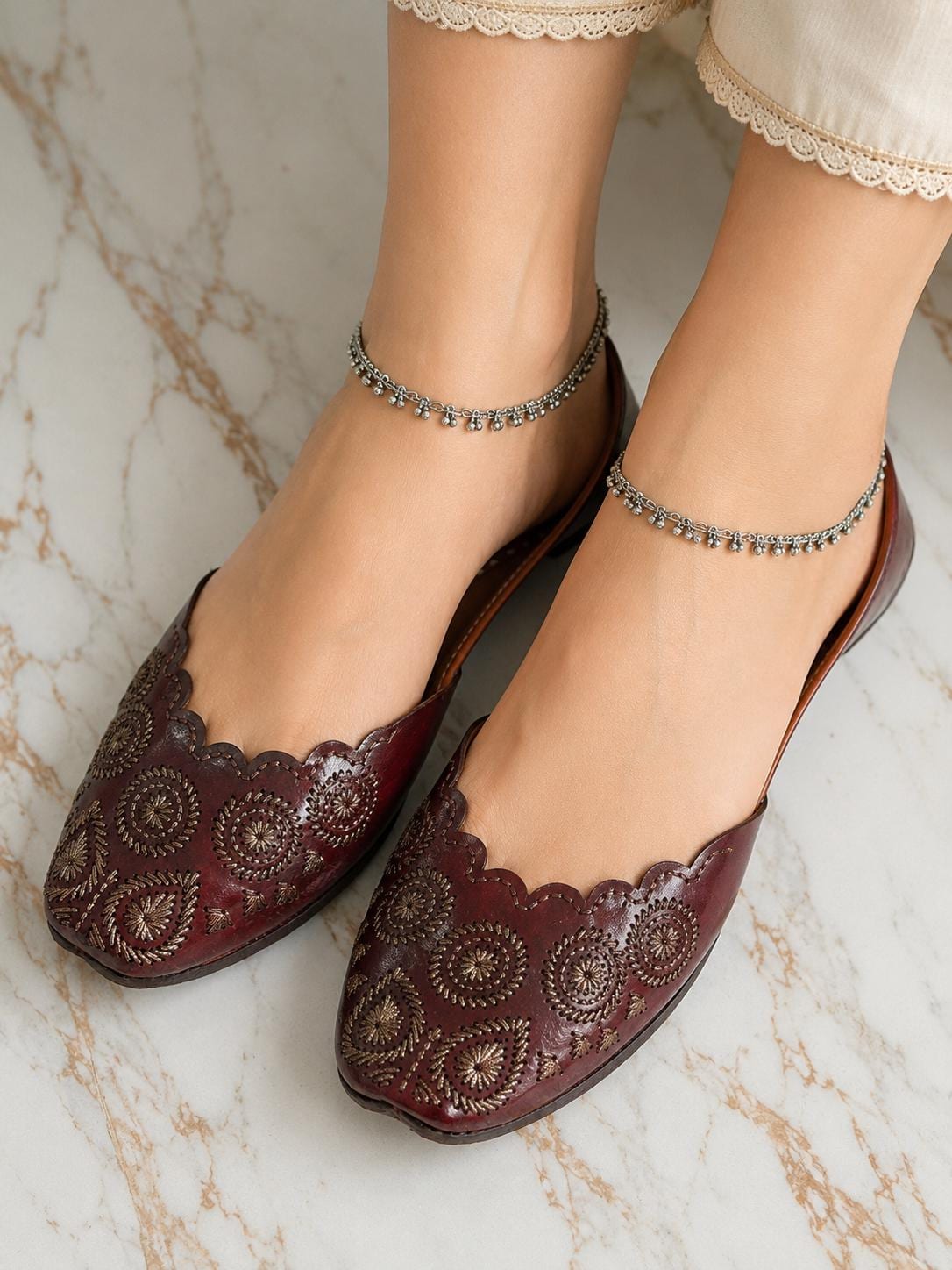 Maroon Leather Punjabi Jutti | Handmade Mojari Flats
