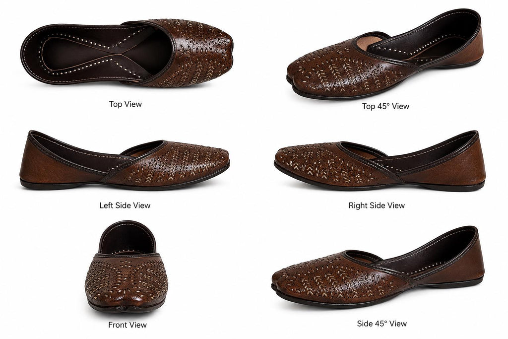 Handcrafted Dark Brown Leather Punjabi Jutti, Metallic Detailing, Traditional Indian Mojari Flats