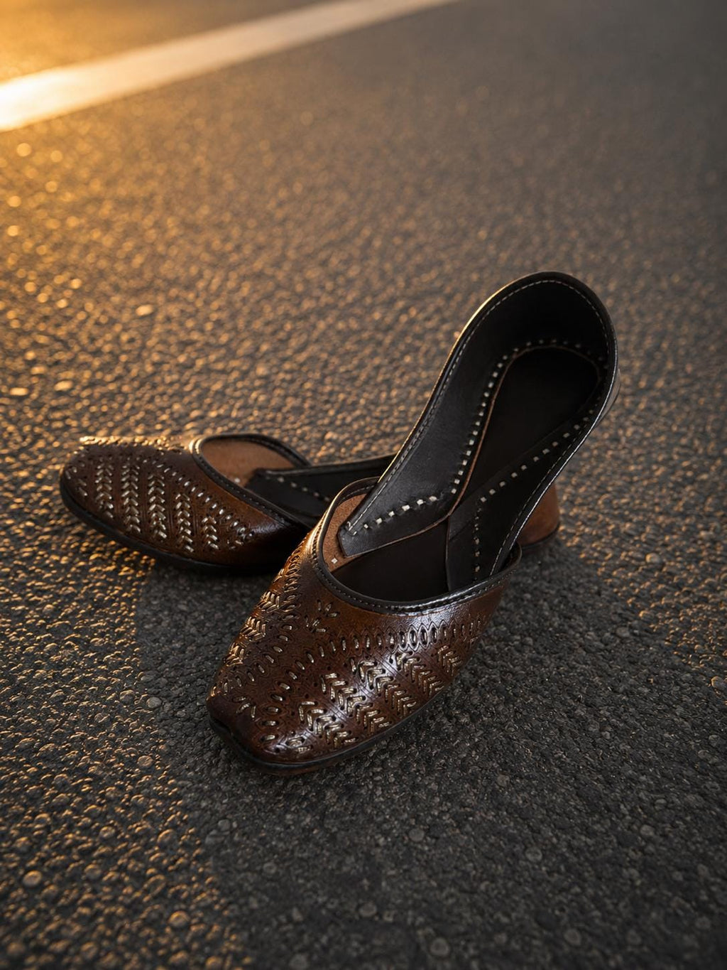 Handcrafted Dark Brown Leather Punjabi Jutti, Metallic Detailing, Traditional Indian Mojari Flats