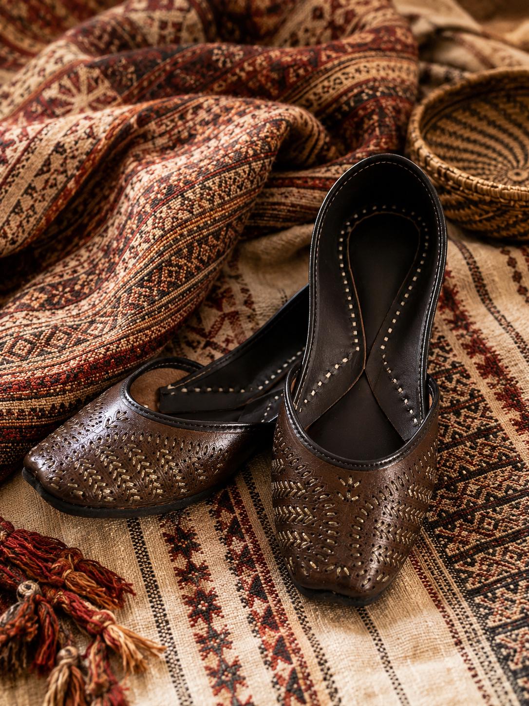 Handcrafted Dark Brown Leather Punjabi Jutti, Metallic Detailing, Traditional Indian Mojari Flats