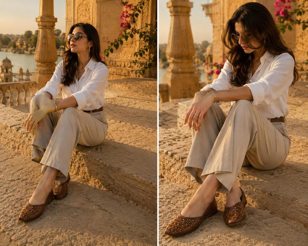 Brown Leather Jutti for Women | Floral Embroidery, Traditional Indian Mojari