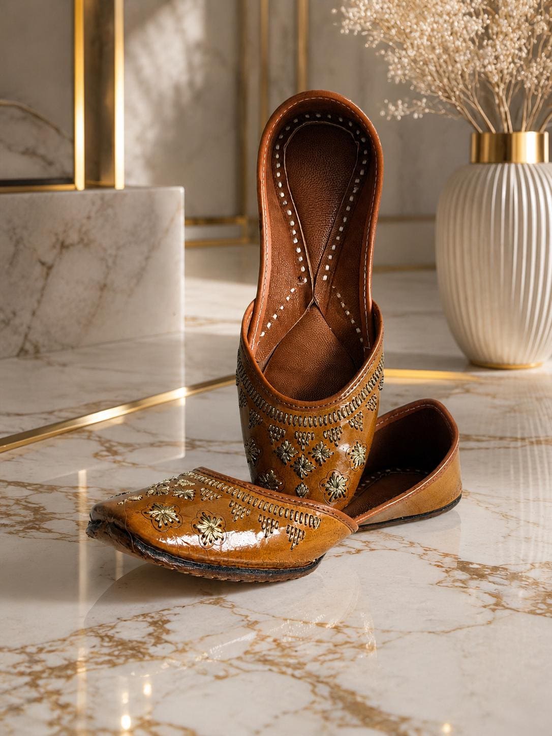 Leather Punjabi Jutti for Women | Hand-Embroidered Indian Khussa Flats
