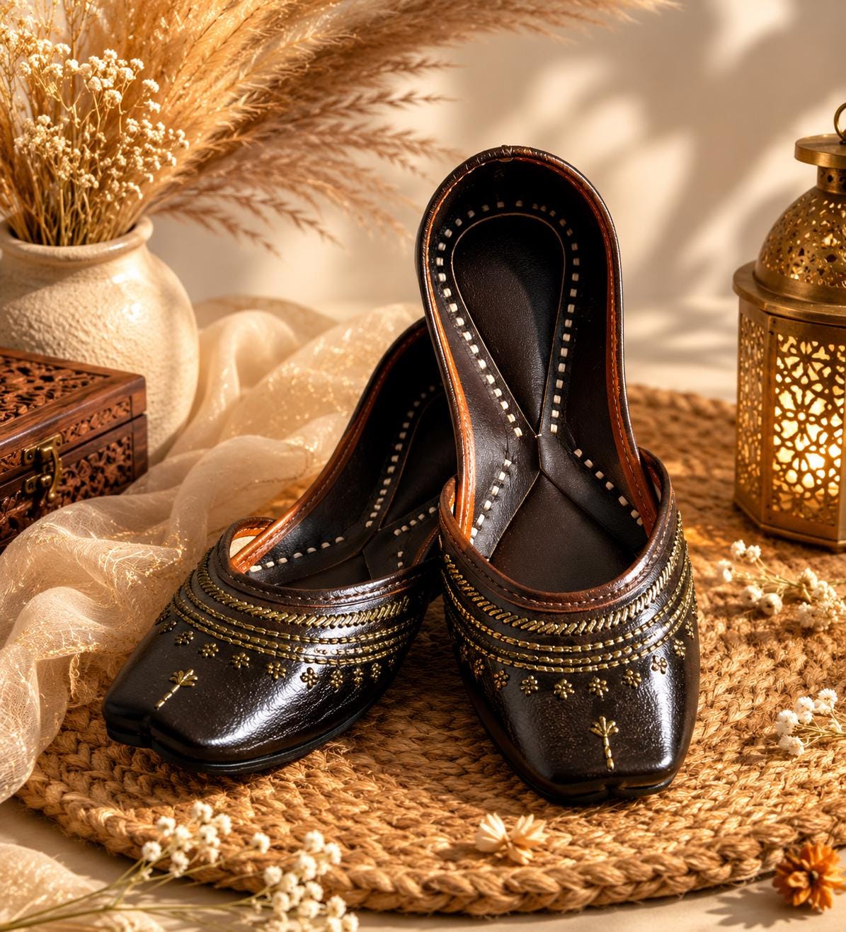 Dark Brown Punjabi Jutti – Handmade Metallic Embroidered Leather Flats