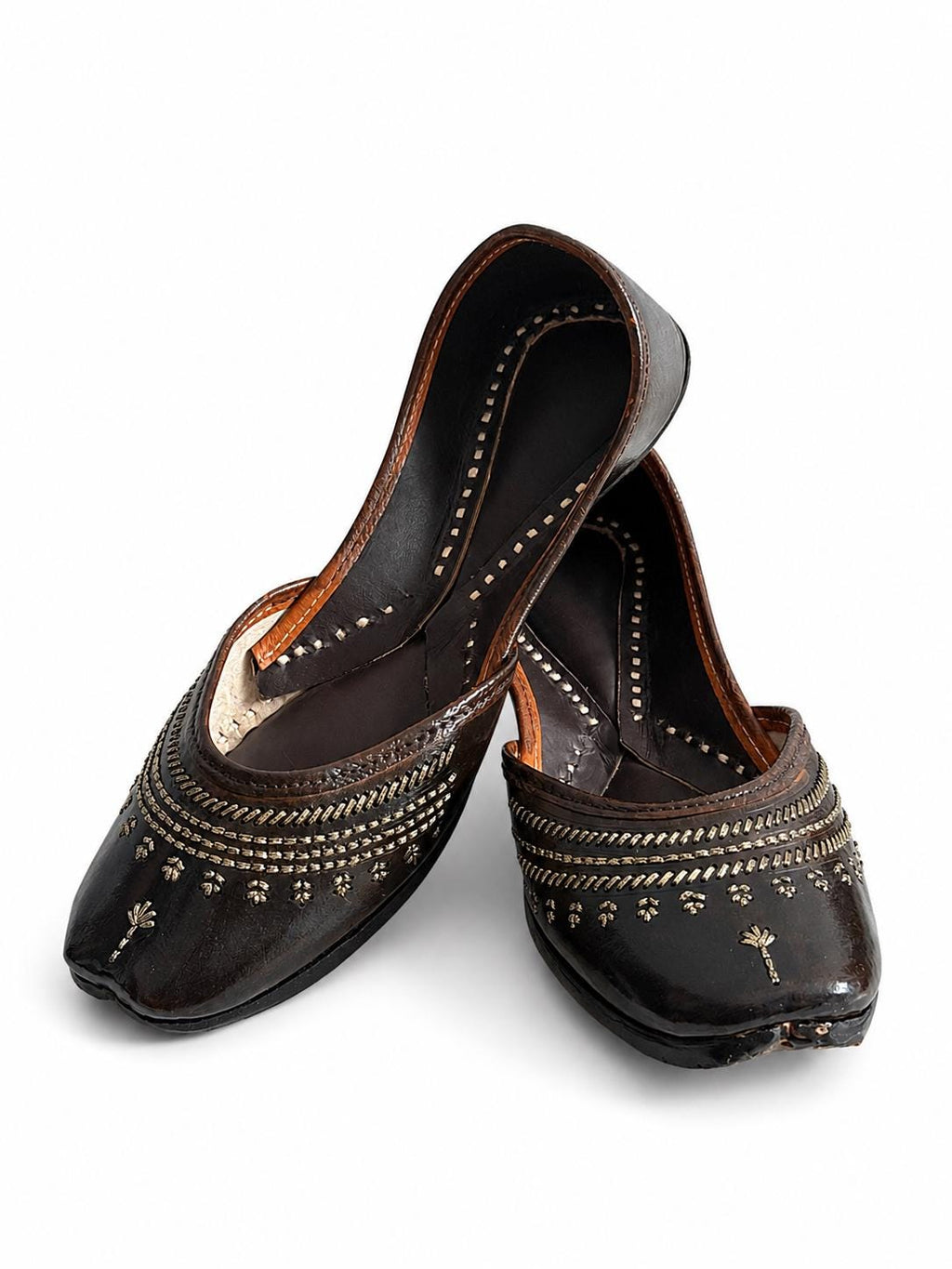 Dark Brown Punjabi Jutti – Handmade Metallic Embroidered Leather Flats
