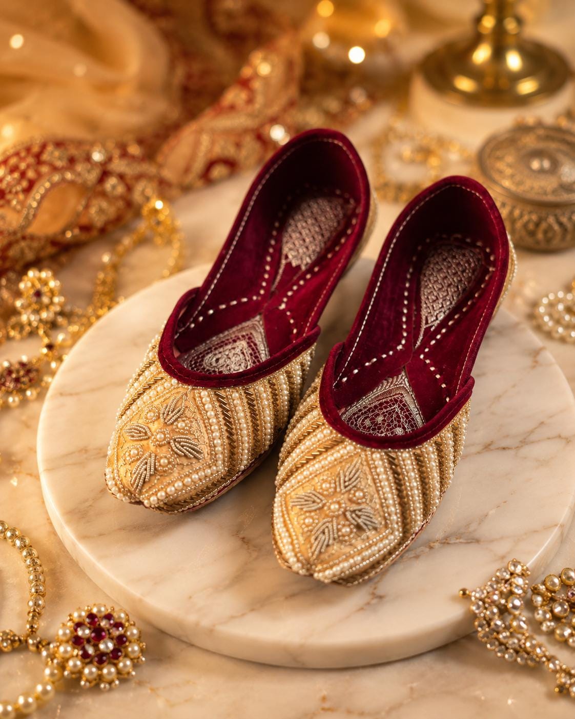 Elegant Gold & Pearl Embroidered Punjabi Jutti for Women