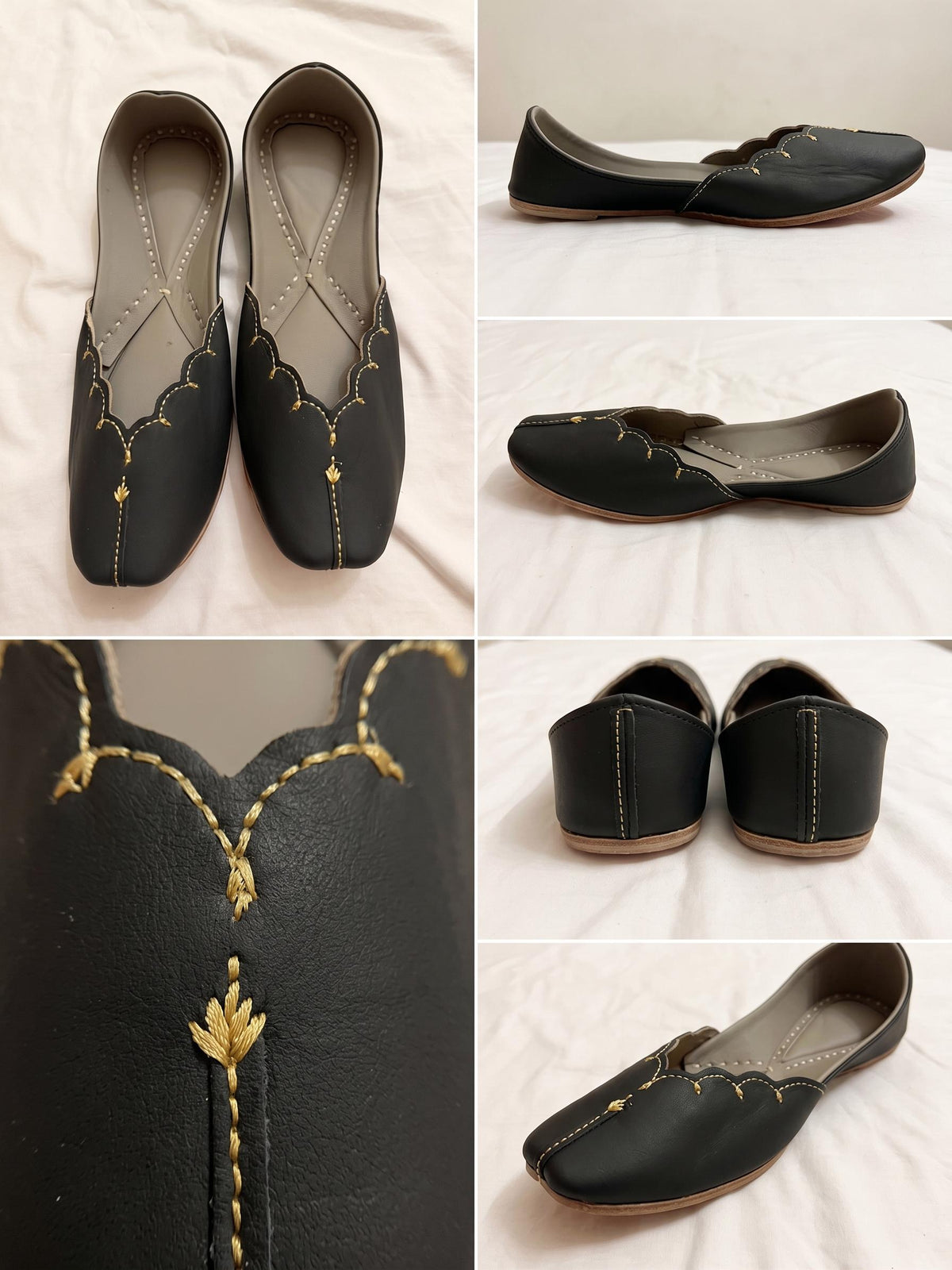 Dark Gray Punjabi Jutti, Gold Embroidered Leather Flats, Traditional Indian Footwear