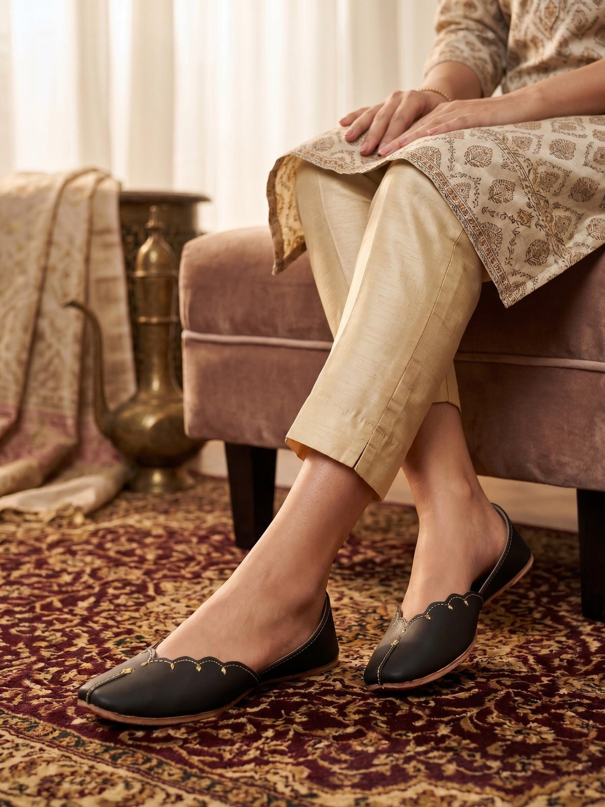 Dark Gray Punjabi Jutti, Gold Embroidered Leather Flats, Traditional Indian Footwear