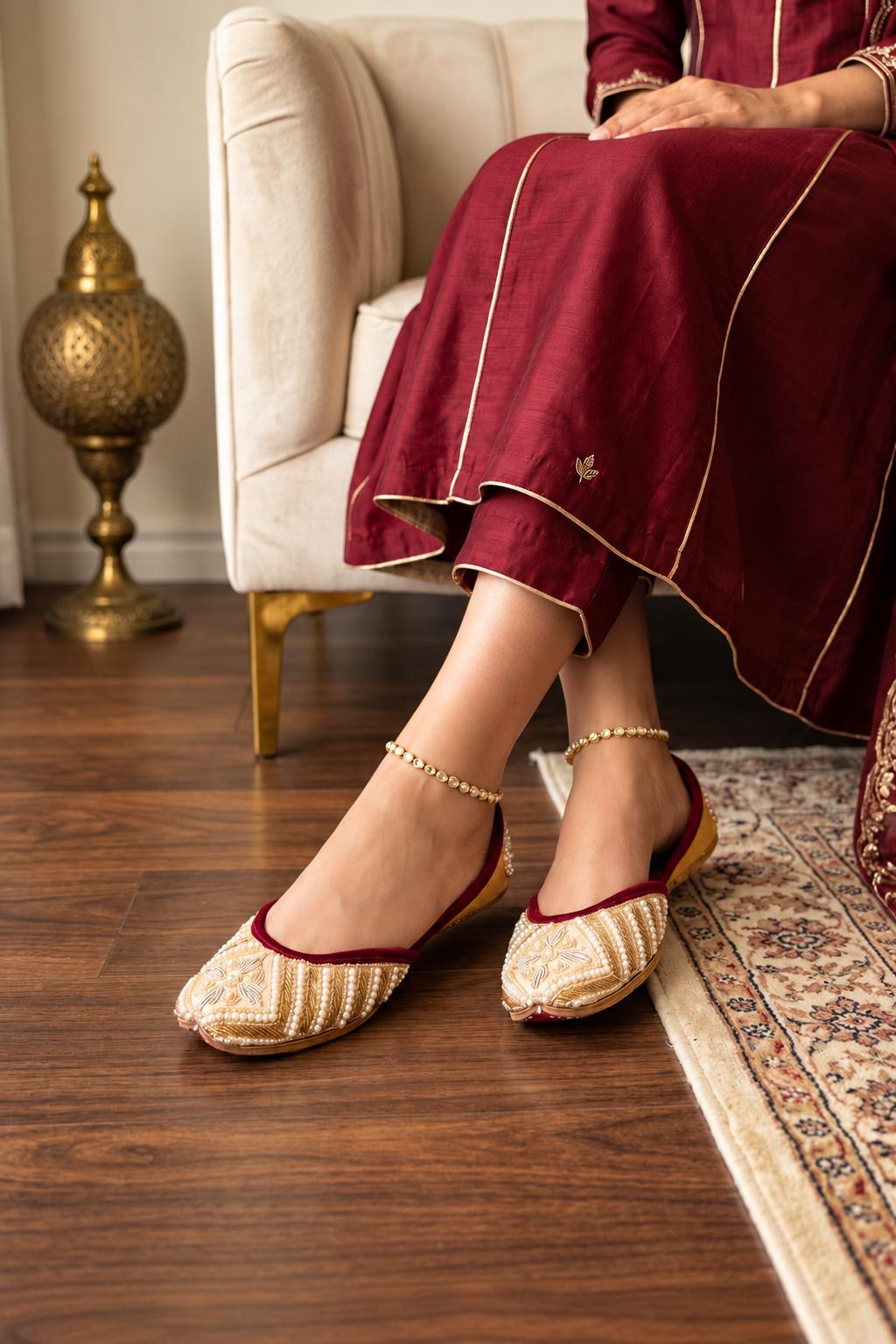 Elegant Gold & Pearl Embroidered Punjabi Jutti for Women