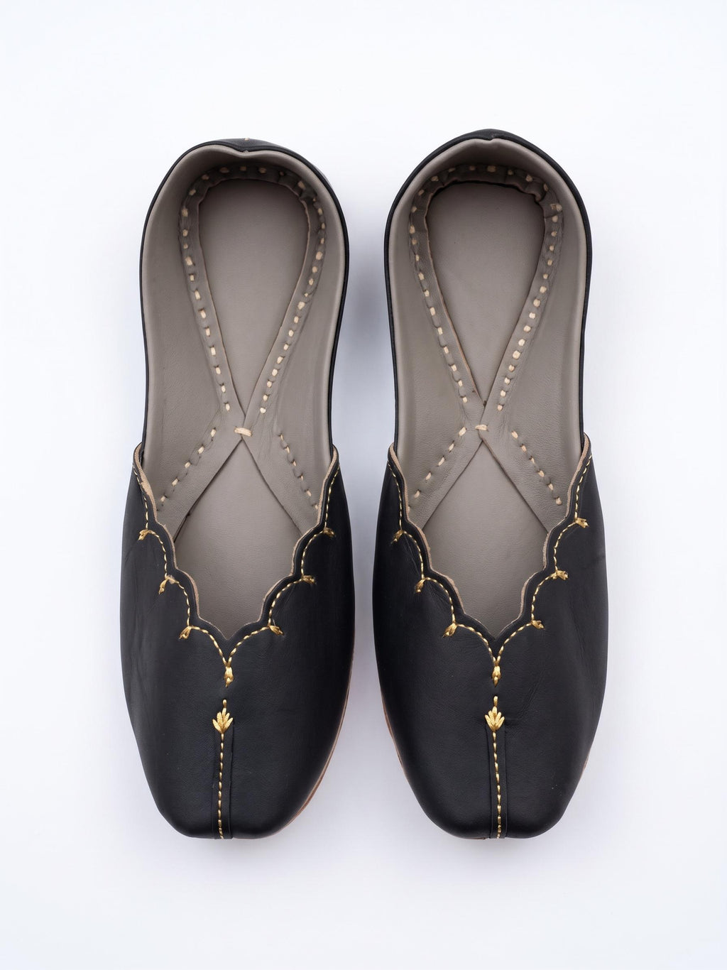 Dark Gray Punjabi Jutti, Gold Embroidered Leather Flats, Traditional Indian Footwear