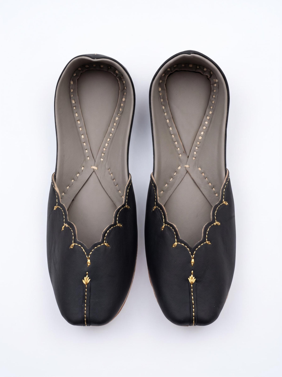 Dark Gray Punjabi Jutti, Gold Embroidered Leather Flats, Traditional Indian Footwear