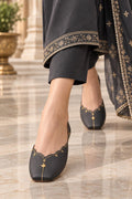 Dark Gray Punjabi Jutti, Gold Embroidered Leather Flats, Traditional Indian Footwear