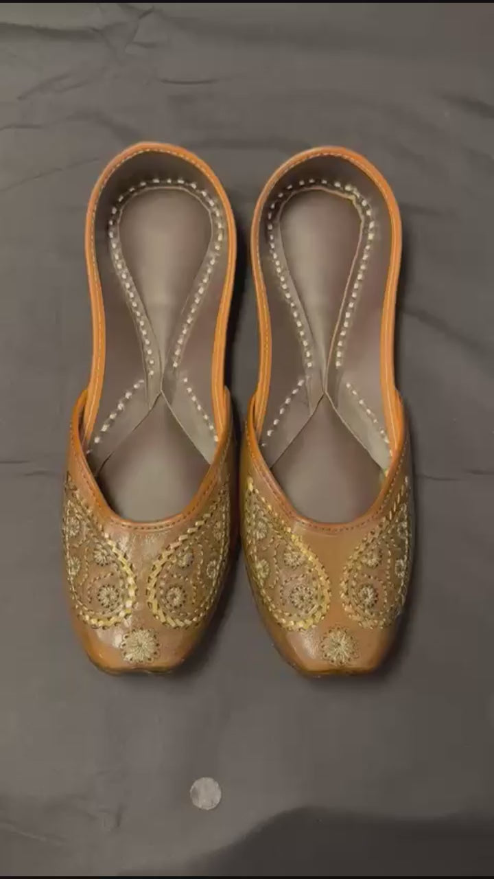 Brown Leather Jutti Shoes | White Floral Embroidery, Traditional Indian Flats