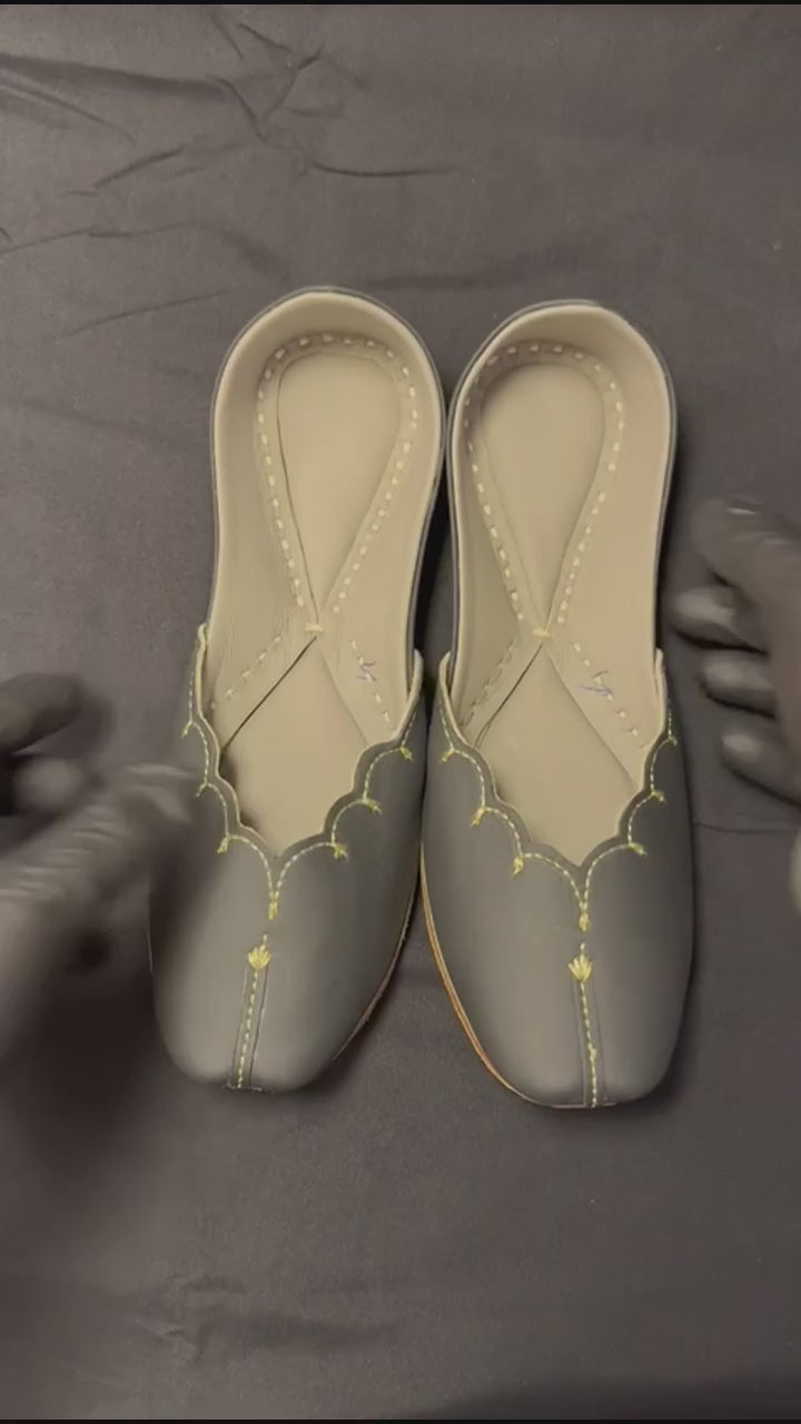 Dark Gray Punjabi Jutti, Gold Embroidered Leather Flats, Traditional Indian Footwear
