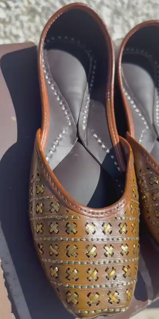 Brown Leather Jutti for Women | Floral Embroidery, Traditional Indian Mojari