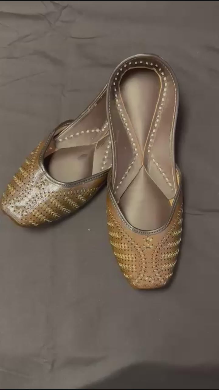 Handcrafted Dark Brown Leather Punjabi Jutti, Metallic Detailing, Traditional Indian Mojari Flats